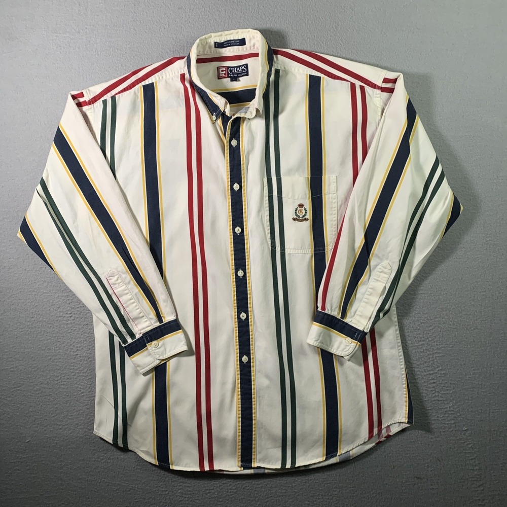 Vintage Chaps Ralph Lauren Shirt Mens Medium Brush Popper Striped 90s Button Up